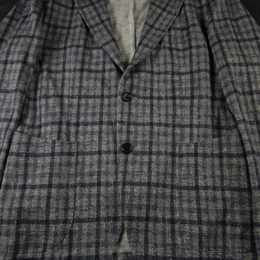 Lubiam Blue Grey Plaid Blazer Unstructured Sport Coat Cotton Mens 50R (fits 38R)